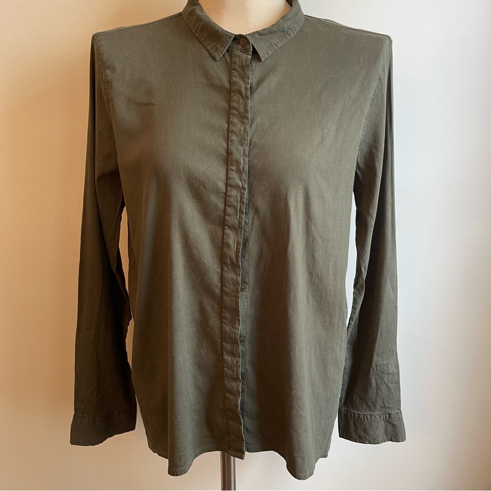 Eileen Fisher Linen Button Down Long Sleeve Shirt Khaki Green Lagenlook Medium